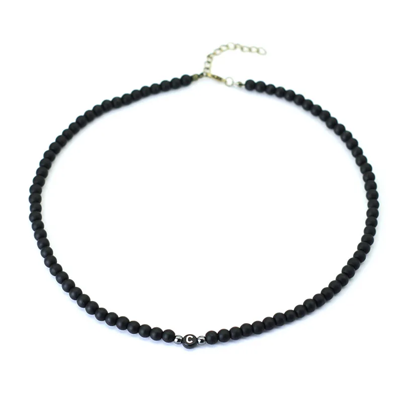 Men Onyx Stone Initial Necklace 6mm Hiphop Rock Choker