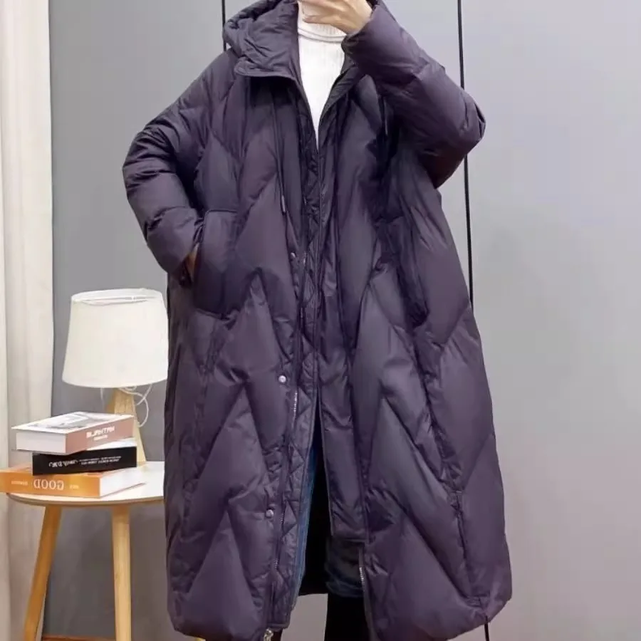 Retro Commuting Loose And Thick Down Cotton jacket for women, New Over The Knee long Plus Size Hooded Parka Winter Outwear Red