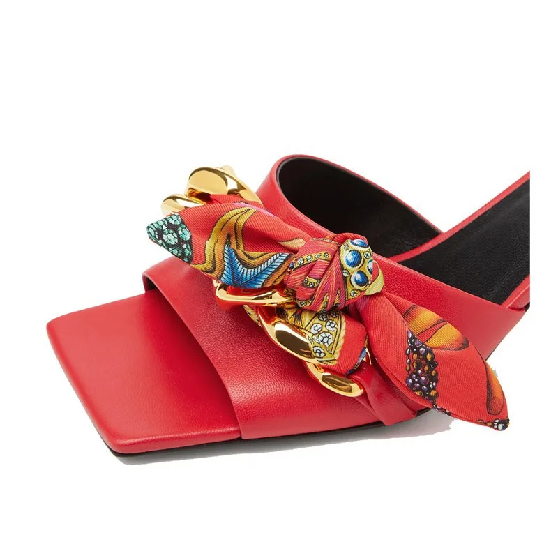 Summer New Silk Chain Sheepskin Slim Slim Mouth Fish Mouth Low Heel Sandals Cross Border Large Women's Slippers