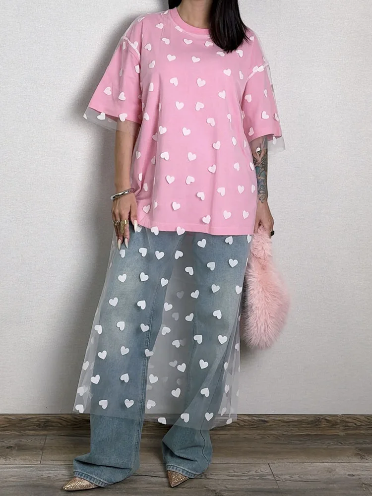 Long Mesh T Shirt Dress For Women Short Sleeve Heart Tulle Fake Two Piece Dresses WOmen's White Loose Maxi Dress With Heart Red