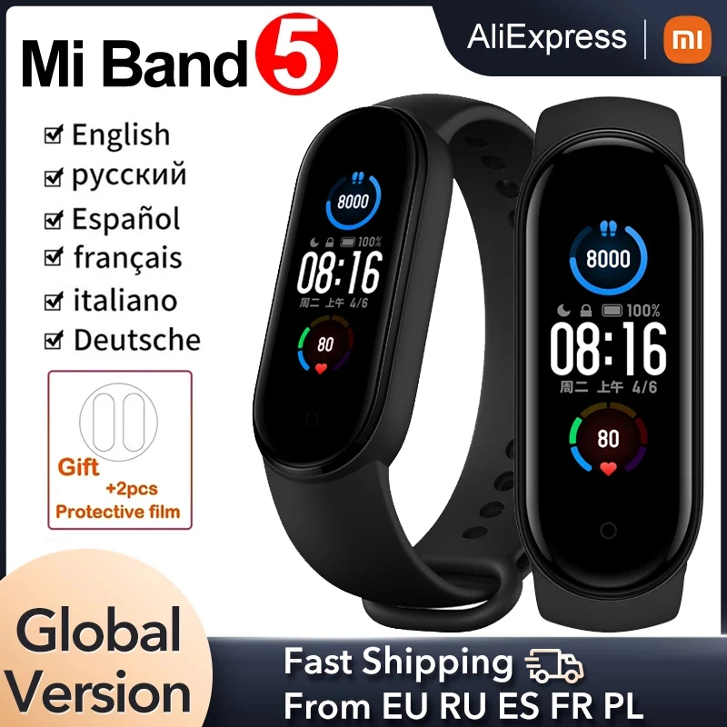 

Умный Браслет Xiaomi Mi Band 5, водонепроницаемый фитнес-трекер с экраном AMOLED 1,1 дюйма, Bluetooth, Пульсометром