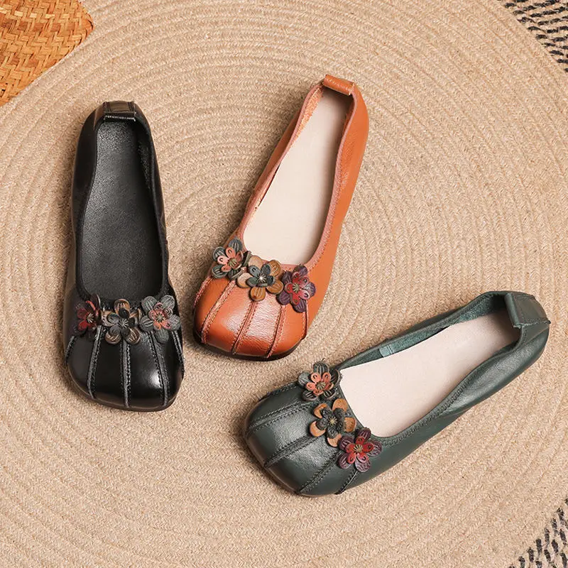 retro elegant mom ballet flats luxury designer flower shallow shoes mom's vintage flat loafers guenine leather shoes