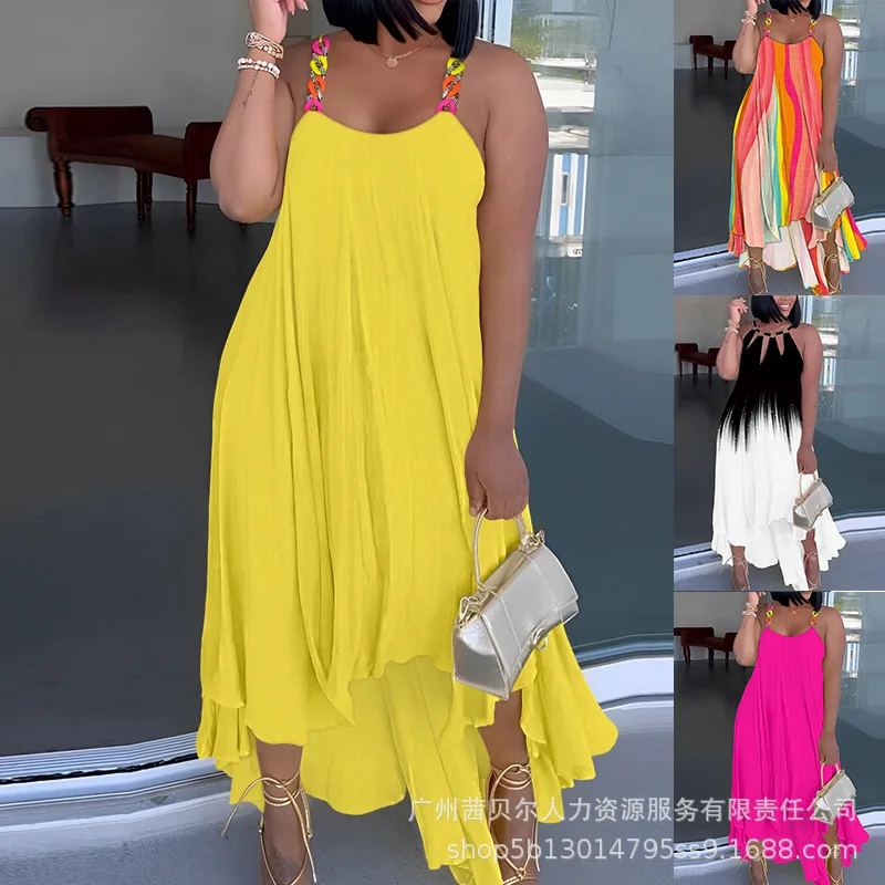 

Colorful Chain Strap Asymmetrical Casual Dress Women Loose Sleeveless Summer Spring Sexy Maxi Dress