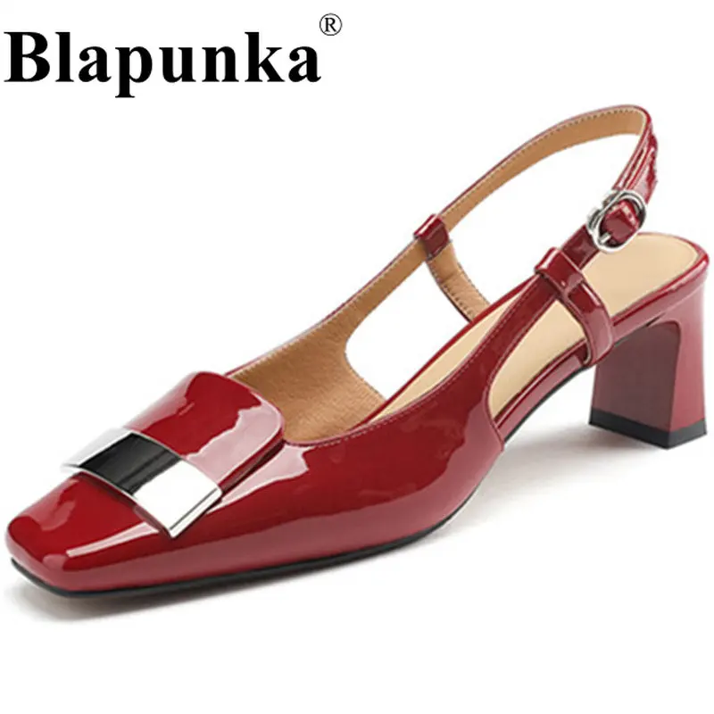 

Blapunka Women Sheepskin Leather Slingback Pumps Square Toe Red High Heels Shoes Ladies Metal Deco Buckle Shoes Nude Office Shoe