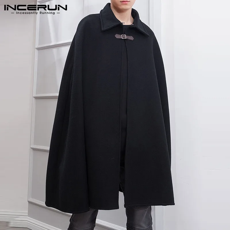 INCERUN 2023 Fashion Men Cloak Coats Solid Color One Button Lapel Cape Trench Streetwear Winter Faux Blends Overcoat Men Jackets incerun мужчины ретро готический широкий ноги брюки карманный случайный loose упругий waist bnadage длинные брюки