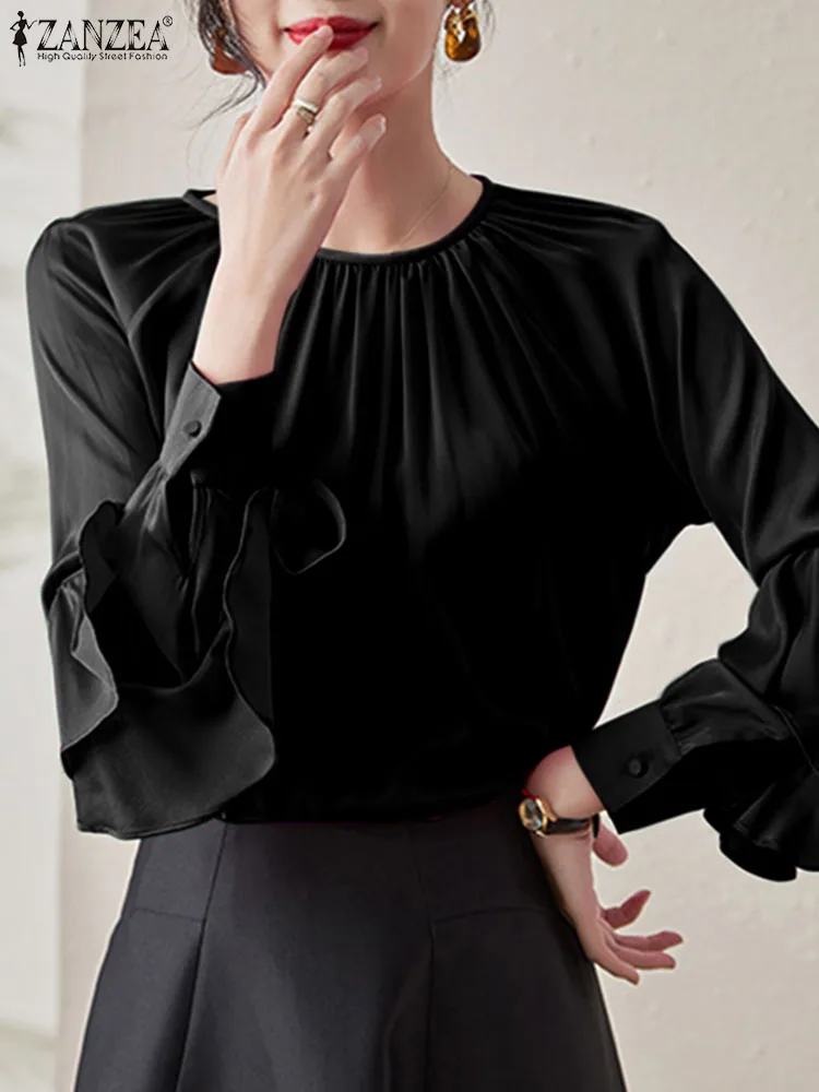 

ZANZEA Women Office Lady Tops Fashion Solid Blouse 2023 Autumn Long Ruffled Sleeve Shirt Elegant Pleated Round Neck Basic Blusas