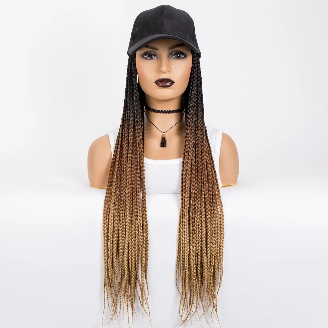 WIGERA Synthetic Ombre Honey Brown 24&ldquo; Braiding Hair Baseball Cap Hat Wig With Braided Box Braids Hair Extensions Women synthetic hair wigs