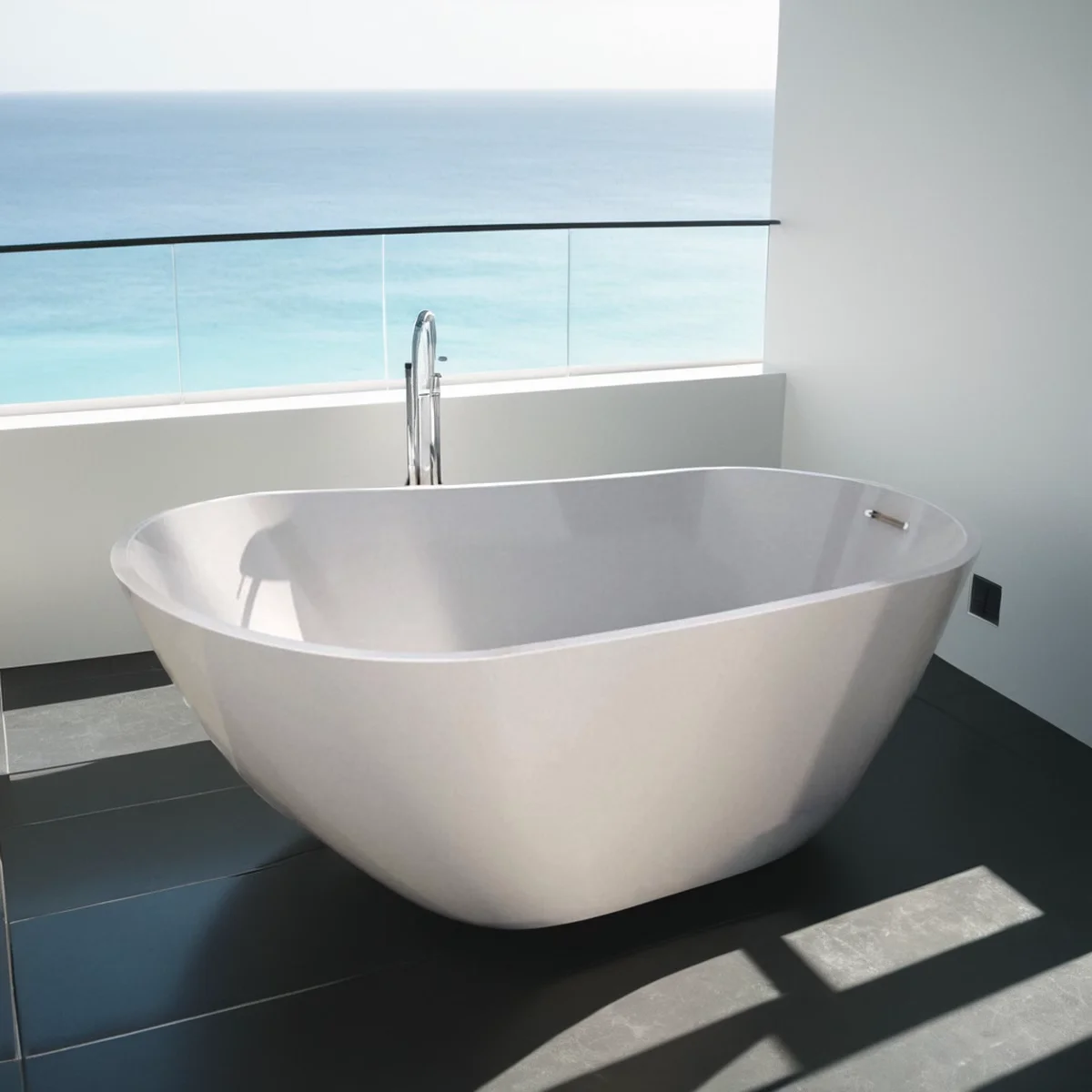 Glossy Acrylic Freestanding Soaking Bathtub with Chrome Overflow and Drain 2