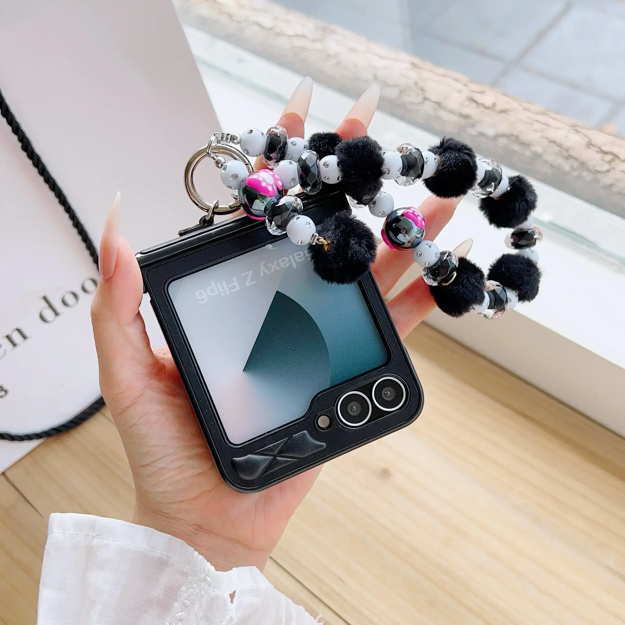 Cute Bobbles Glitter Bead PU Leather Wrist Strap Phone Case with Hinge Protection and Shockproof Cover