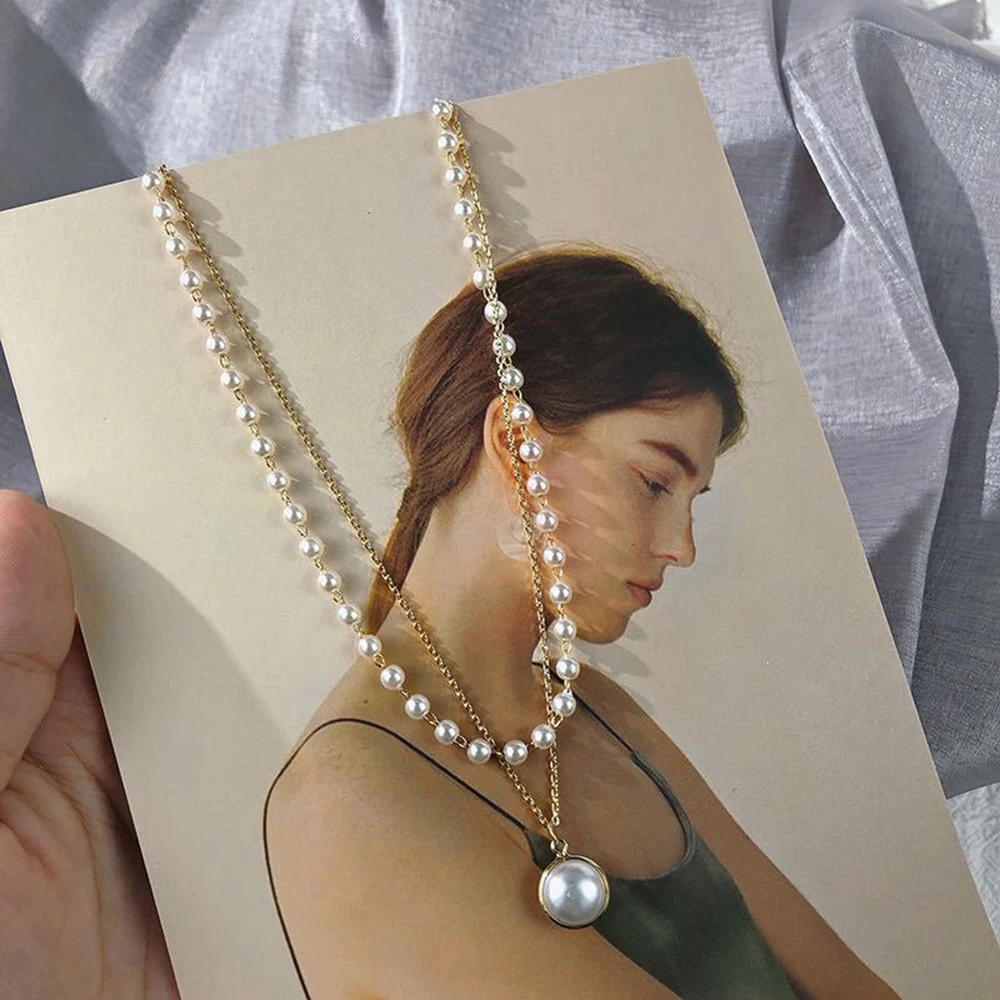  2022 New Double Layer Pearl Pendant Necklace For Women Female Fashion Elegant Chain Choker Neckchain For Party And Anniversary 