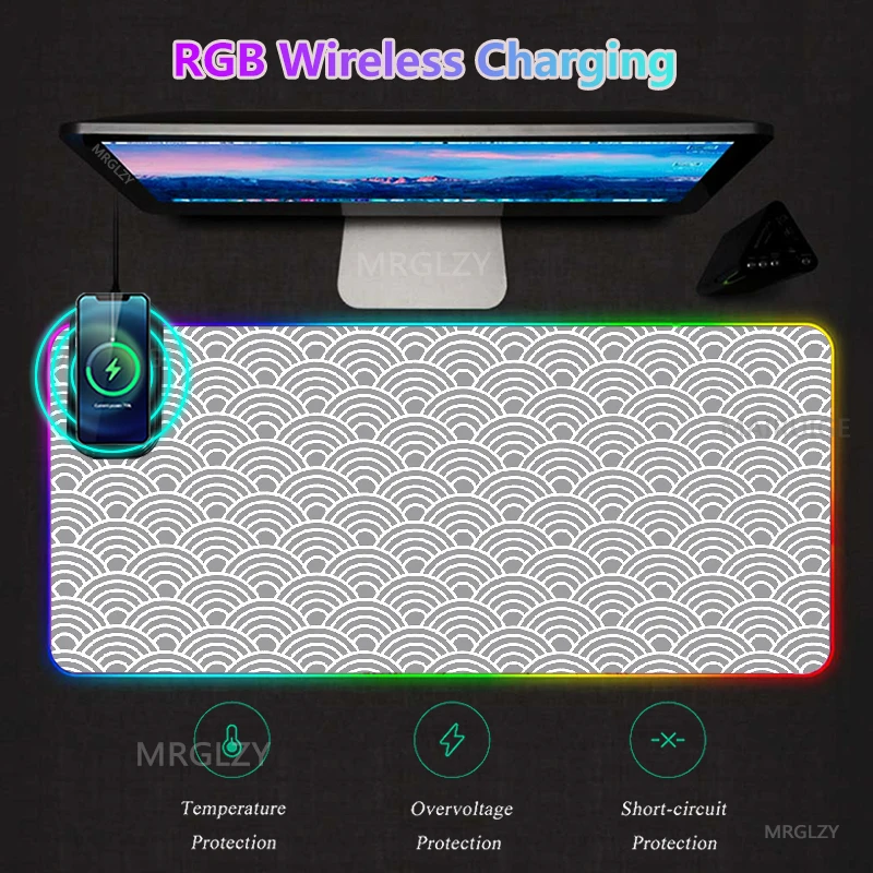 

Japanese RGB LED Gaming Accessories Mouse Pad Wireless Charging MousePad Charger Mat Desk Mats Carpets Typec Ukiyo-e Giant Waves