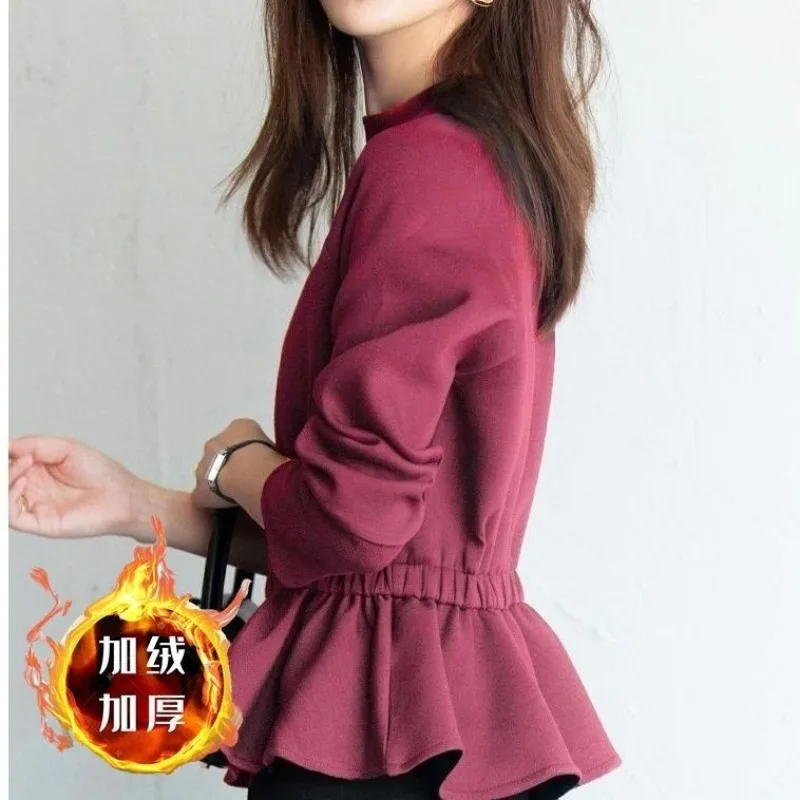 Women's Autumn Winter Fashion Elegant Round Neck Pullover Long Sleeve Solid Sweatshirt Casual Versatile Western Commuter Tops