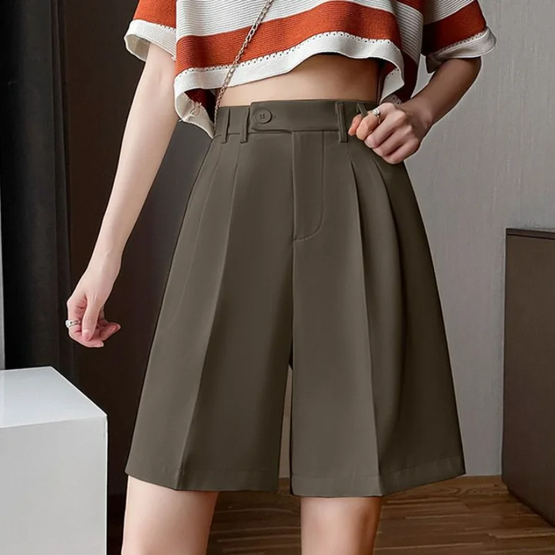 Summer New Korean High Waist Slim Wide Leg Shorts Women's Solid Button Zipper Pockets Fashion Simple Loose Casual A-line Shorts
