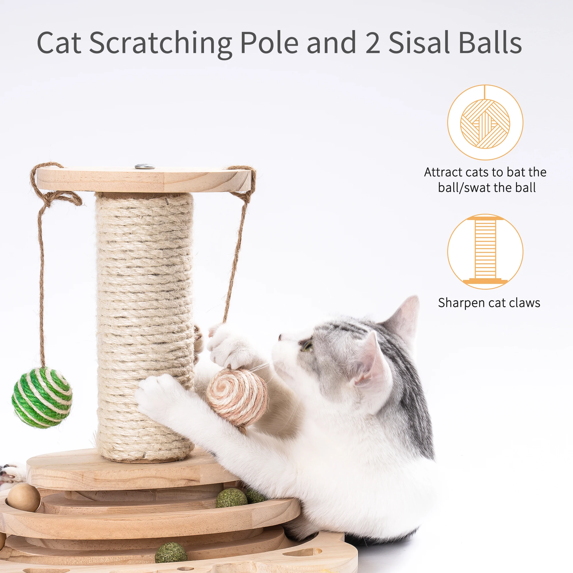 Mewoofun Cat Scratcher Pole Two-Layer Tier Track Ball and Two Sisal Balls Fun Interactive Cat Toy with Feather Bell WP037 4