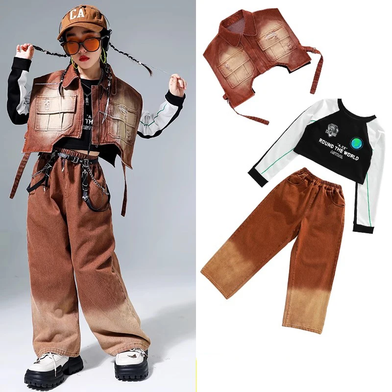 

Children Jazz Modern Dance Costumes For Kids Brown Tie Dyed Vest Loose Pants Suit Girls Hip Hop Street Dance Clothing DQS14593