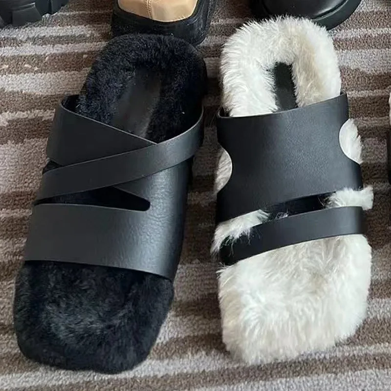 Open Toe Irregular Plush Slippers, Simple and Thick Sole, Versatile for External Wear, One Step Plush Shoes