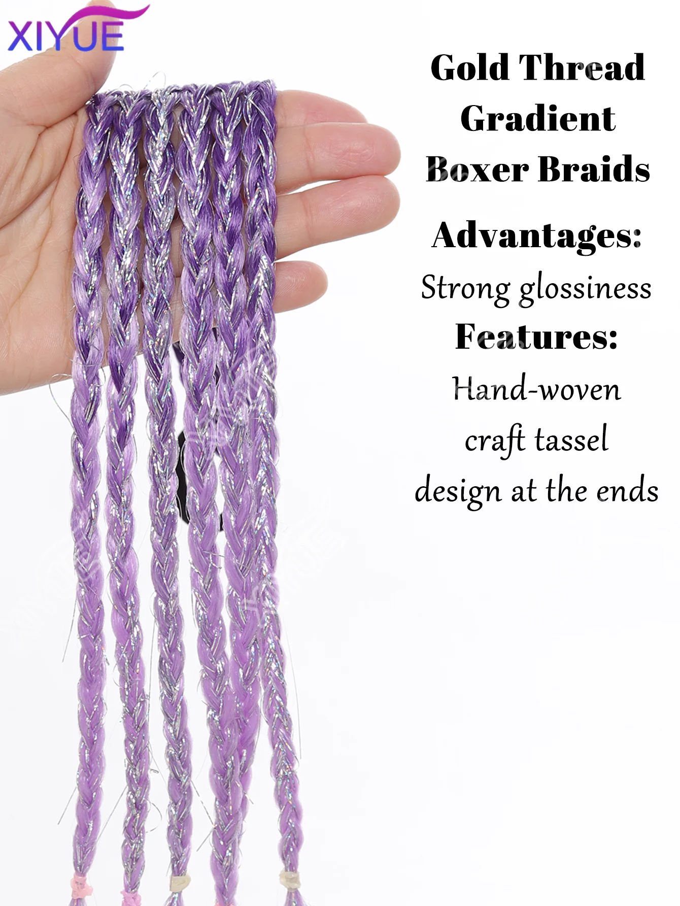 XIYUE 걸스 합성 퍼플 옴브레 브레이드 헤어 익스텐션 고무 밴드, 다크&라이트 퍼플 골든 실버 라인 그라데이션 포니테일