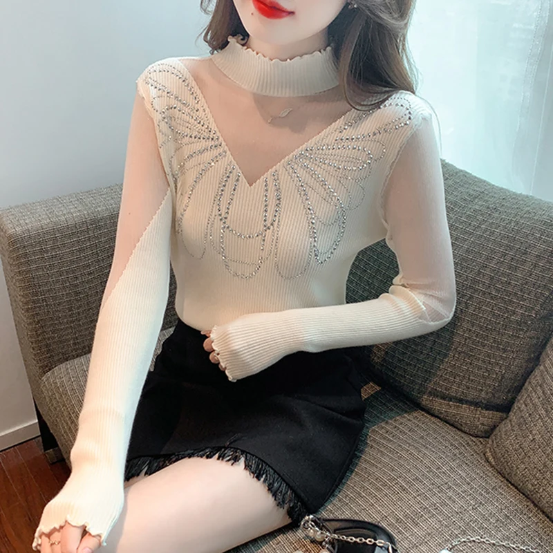 

Autumn Winter Fashion Turtleneck Pullover Sweater Women 2023 See Through Mesh Tops Diamond Ruched Jumper Knitted Sweater 29211