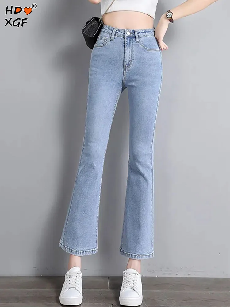 

Korean Fashion High Waist Baggy Jeans For Women 2023 Spring Autumn Slim Elastic Micro Flared Pants Vintage All-match Denim Pants