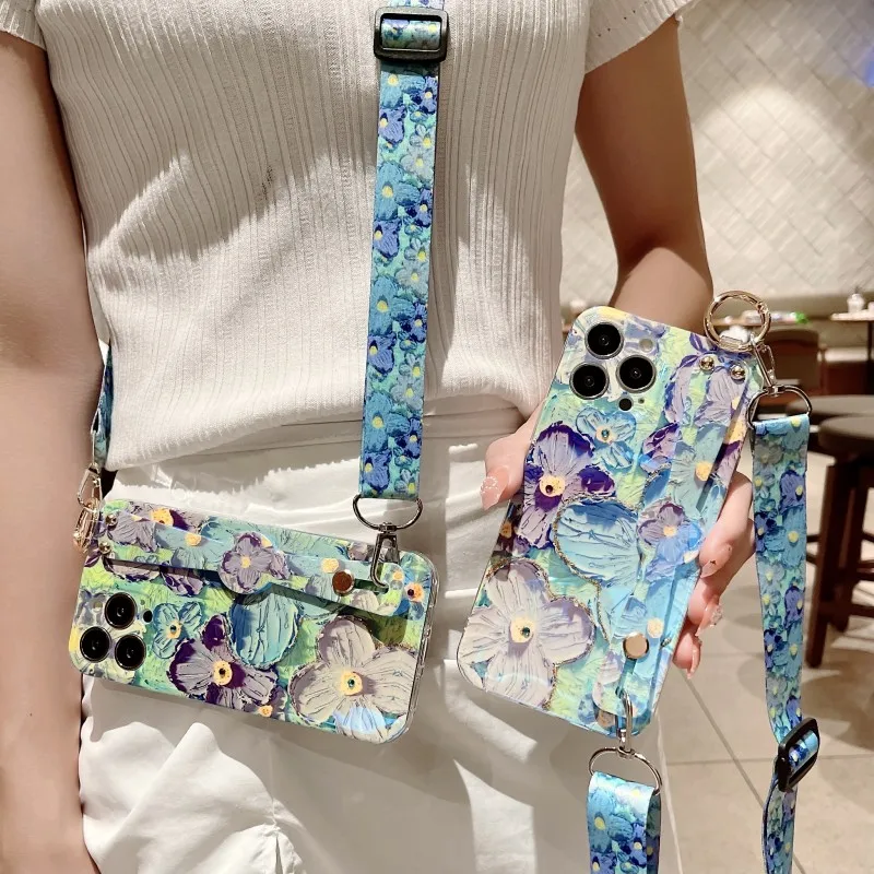 Custodia Con Tracolla Per Samsung Galaxy S22 Ultra S21 Fe S20 Plus Nota 20 S23 Fe Blue Ray Strass Pittura A Olio Copertura Del Fiore