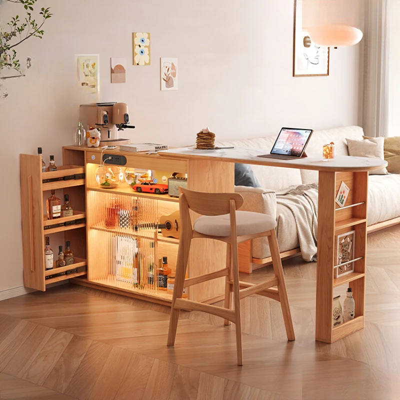 

Modern and minimalist Japanese style rock panel bar counter with integrated retractable and movable dining table in a small