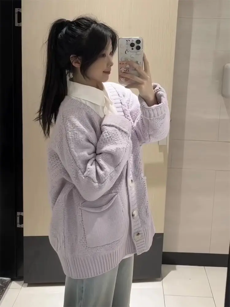 Purple knitted cardigan sweater, college style sweet knitted sweater for women's autumn winter new long sleeved V-neck sweater 3
