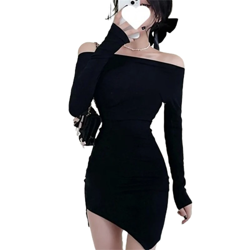 Women y2k Dress Solid Color Off Shoulder Long Sleeve Asymmetrical Hem Bodycon Mini Dress Going Out Club Party Dresses