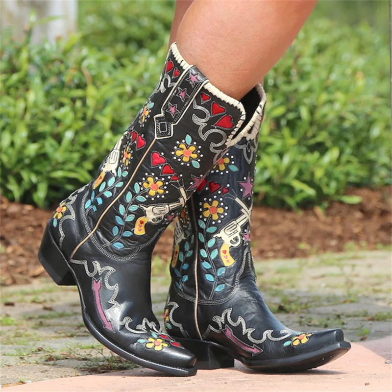 

Women Boots Winter 2022 Designer Luxury Middle Heel Pointed Retro Embroidered Women Shoes Plus Size Elegant Lady Western Boots