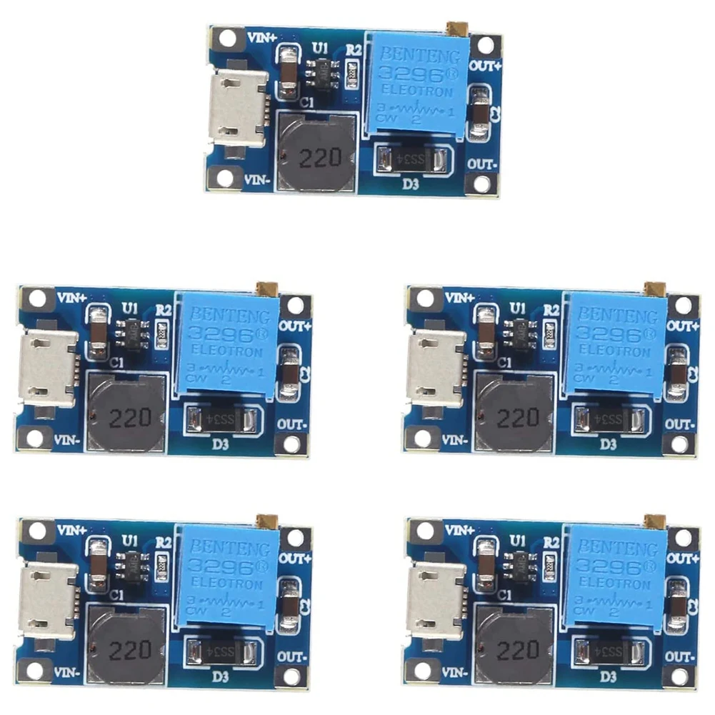 

5Pcs 2A DC-DC MT3608 Step Up Boost Module with Micro-USB, Step Up Boost Converter Power Supply Voltage Regulator