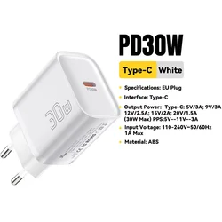 Essager 30W USB - C Fast Charger with QC3.0 Technology - Mini Travel Charger - 30W White EU Plug