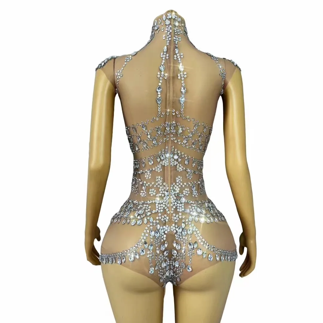 Sexy Luxury Blingbling Silver Rhinestones Leotard Transparent Mesh Stretch Costume Club Party Dance Perform Photoshoot Bodysuit