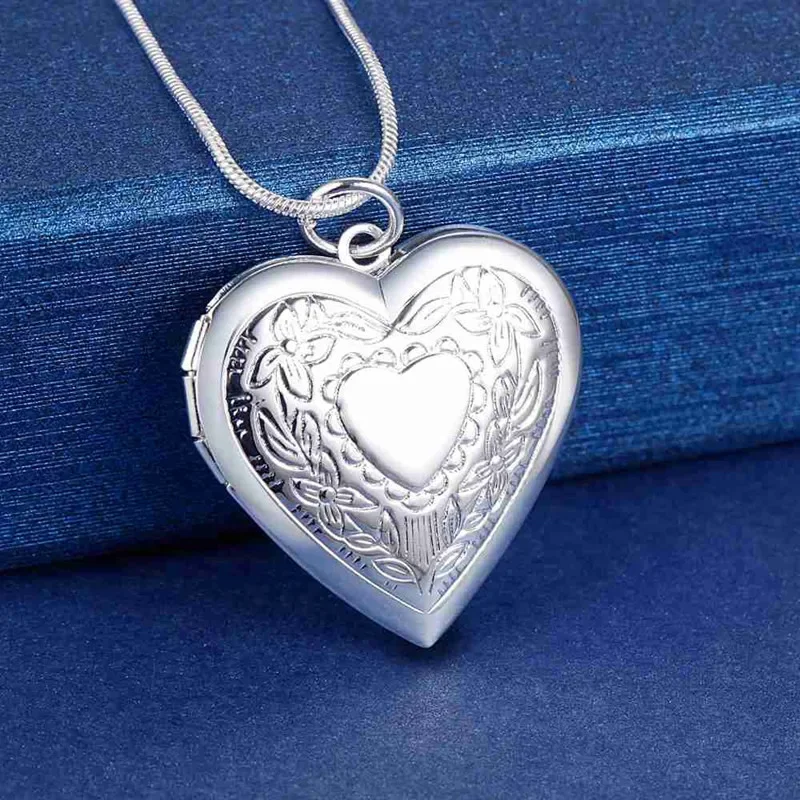 

NEW 925 Sterling Silver Necklace 18 Inches Heart Photo Frame Pendant for Women Fashion Trend Jewelry Wedding Holiday Gifts