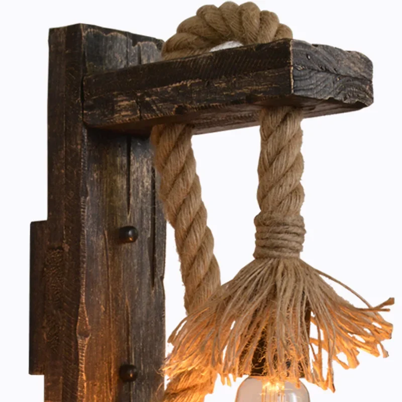 Wall Light Vintage Wood Hemp Rope Wall Lamps Fixture Retro Hallway Bedside Loft Light Luminaire Industrial American Decor Lighting Wooden wall light