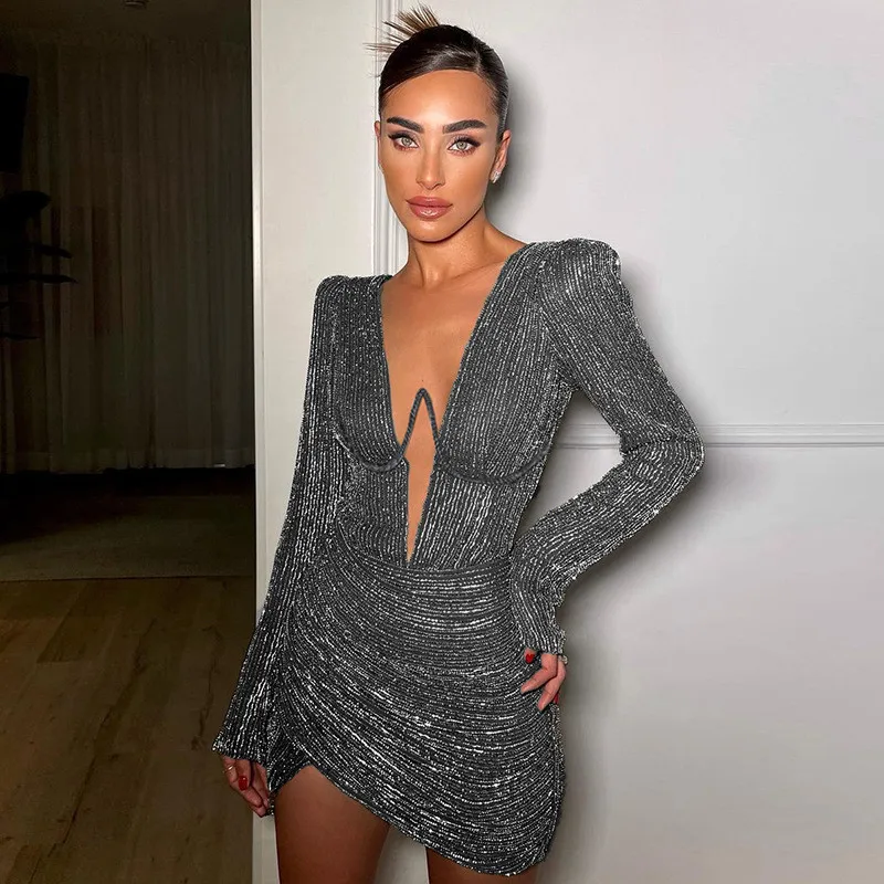 

Cross-border New Sexy Girl Pleated Club Party Dress Black White Grey Deep V Neck Irregular Short Skirt Long Sleeve Pencil Dress