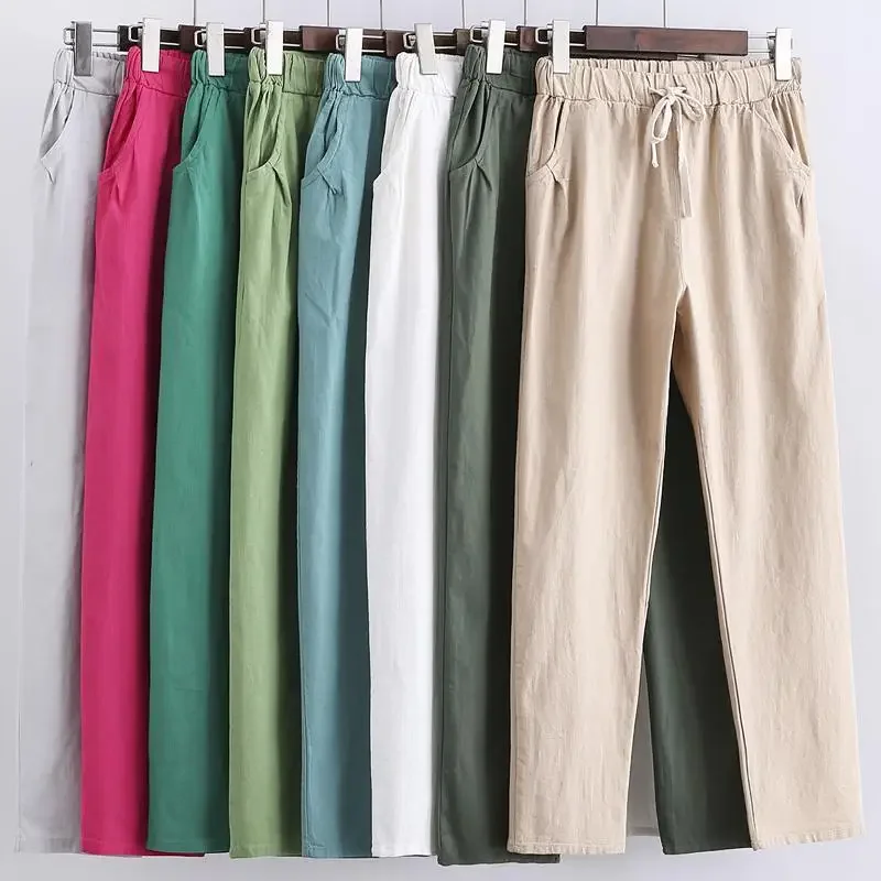 Womens pants Spring Summer Harem Pants Cotton Linen Solid Elastic waist Harem Trousers Soft high quality for Female ladys jeans woman was thin high waisted old fashioned trousers new straight loose wide leg harem plus size mom jeans womens clothing