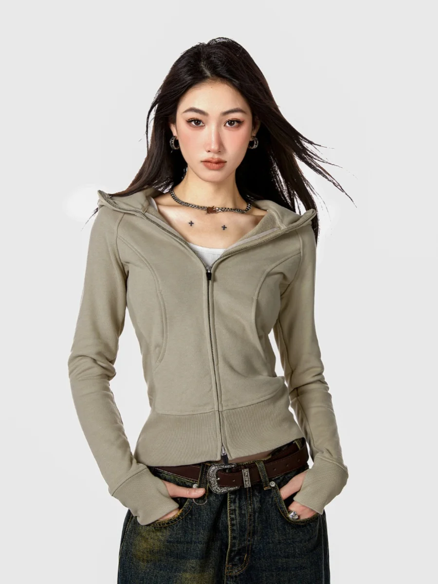 Slim and thin sweet and cool versatile hooded short sweater solid color American basic casual jacket women's autumn 5
