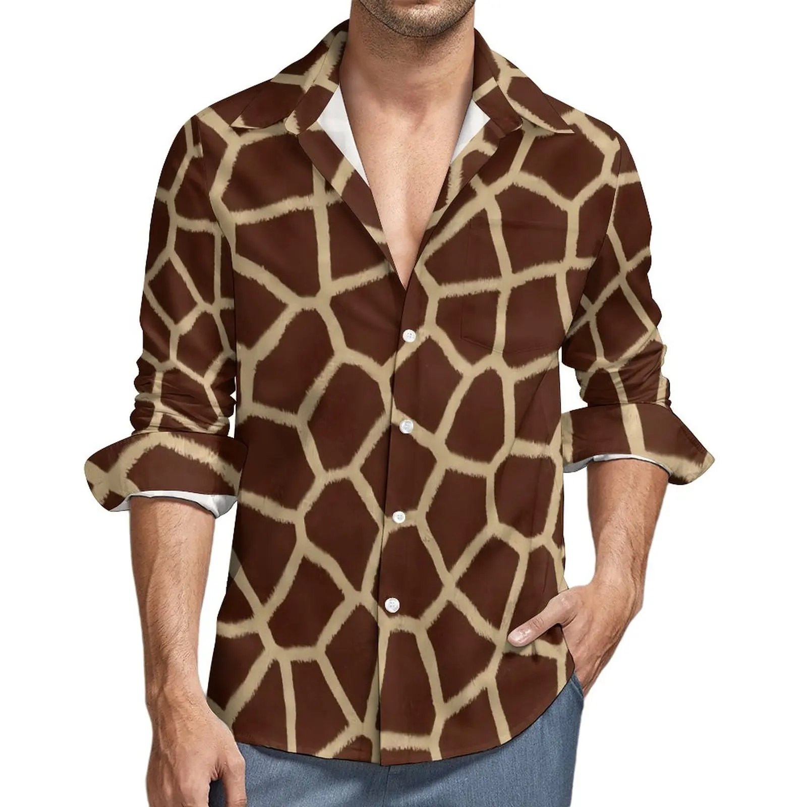 

Brown Giraffe Funny Casual Shirt Mens Animal Print Shirt Spring Fashion Blouses Long Sleeve Pattern Oversized Clothing