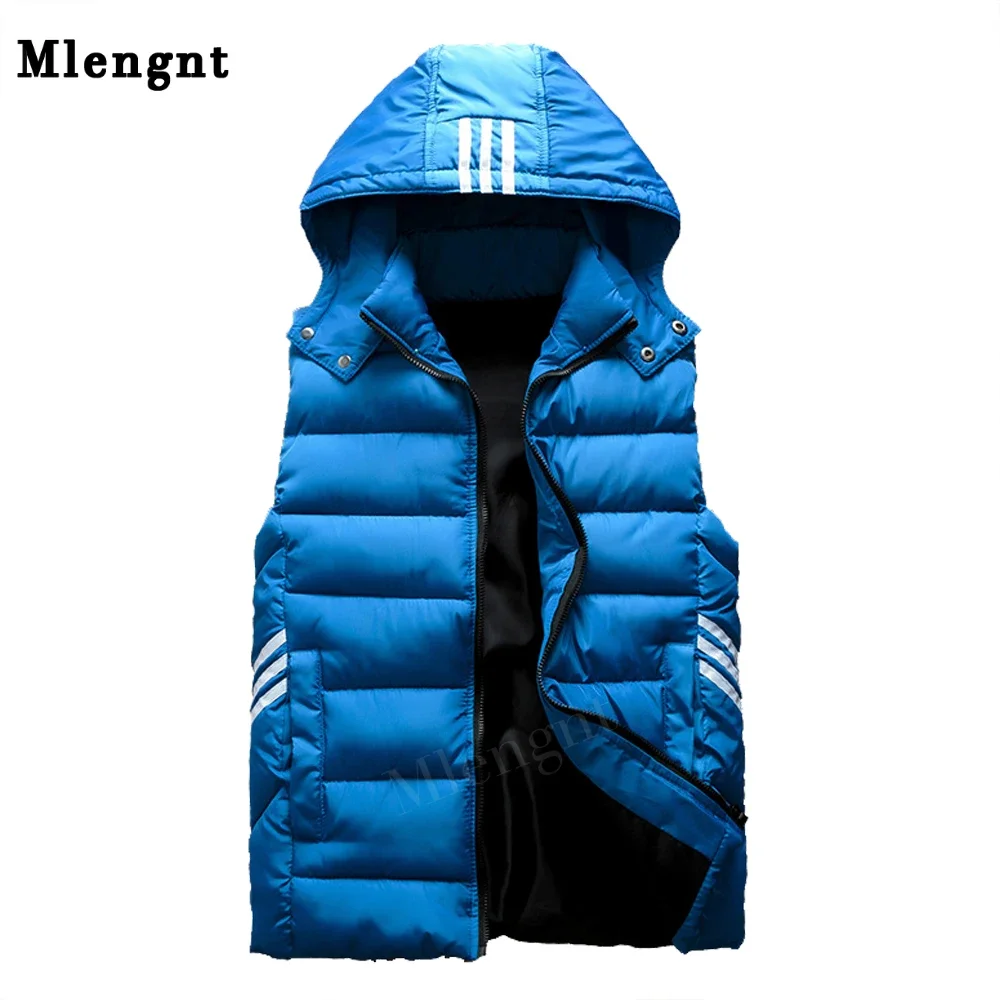 Men Vest Simple Solid Thermal Sleeveless Jacket Hat Detachable Fashion Stripe Coats Windproof Thicken Unloading Waistcoat