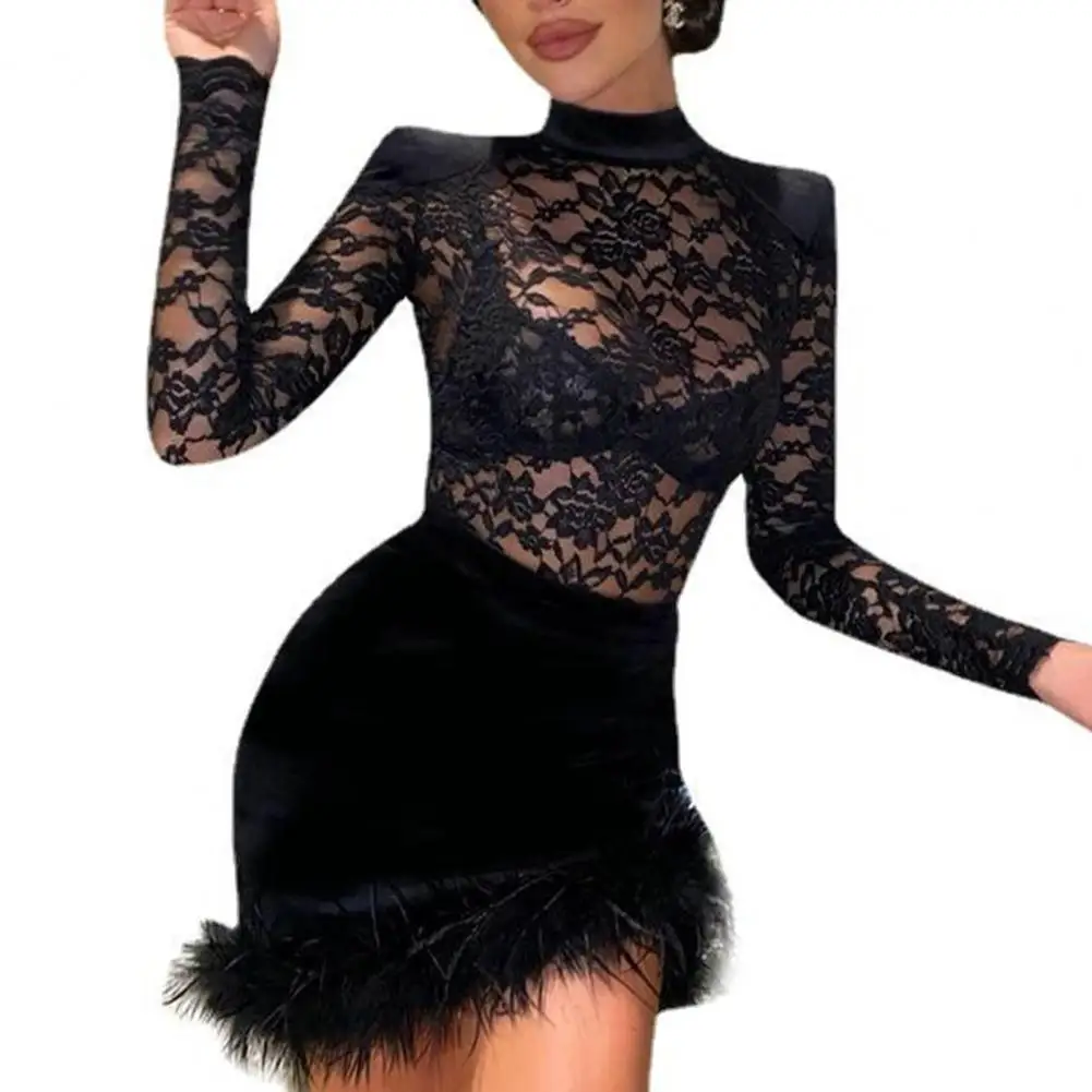 

Women O-Neck Long Sleeve Right-angle Shoulder Hip Wrap Faux Feather Hem Bodycon Dress Lace Velvet Splicing Mini Dress