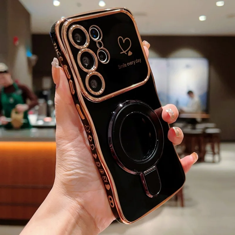 Wave Plating Heart Design Shockproof Phone Case with Lens Protection