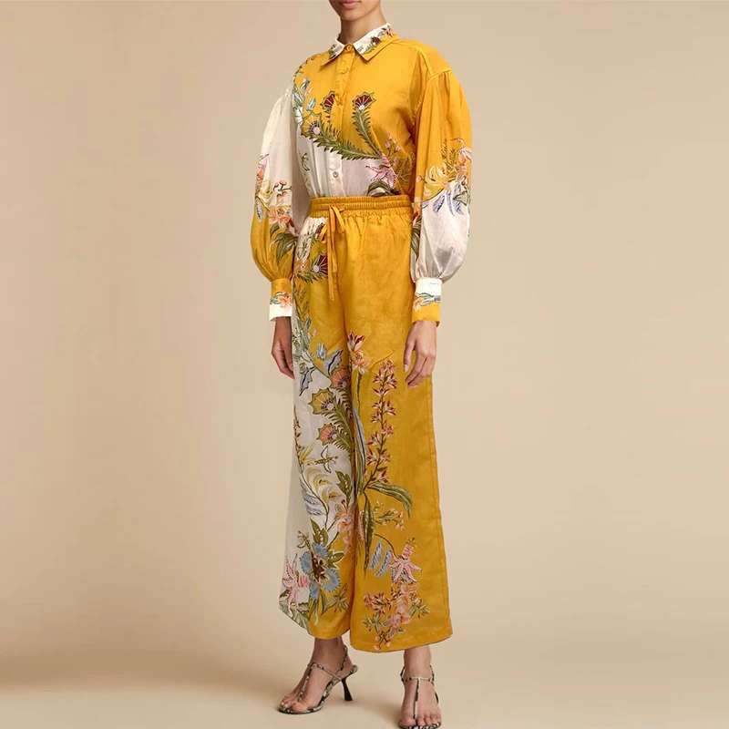 

Elegant Women Lantern Long Sleeve 2PC Suit Luxury 3D Print Graphic Outfits Fashion Lapel Button Shirts&High Waist Pants Sets