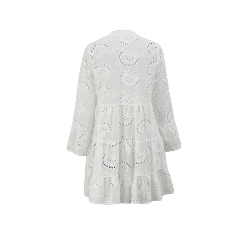 Beach Dress Women Embroidery Lace Eyelet Hollow Out 3/4 Sleeve Single Breasted Mini Dress y2k Vacation Dresses