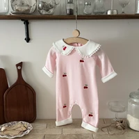 Autumn Newborn Baby Clothes 0-18 Months Pink Cherry Print For Baby Girls Doll Collar Long Sleeve Infant Romper Toddler Jumpsuit