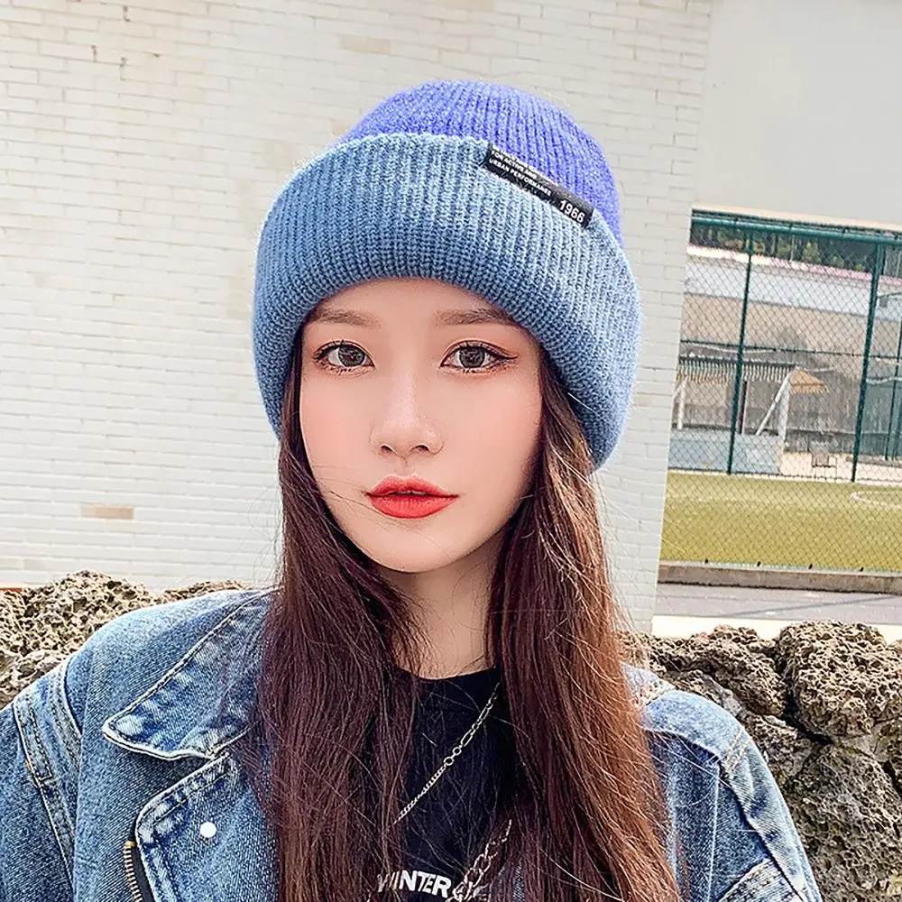 대비색 플리스 니트 모자, 양면, 따뜻한 풀오버 모자, 모직 원사, 두껍고 따뜻한 크로셰 모자, 여성 소녀, 처녀, 겨울