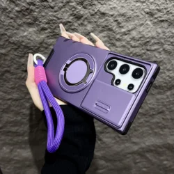 Ultimate Armor Magnetic Bracket Case with Lanyard and Slide Camera Protection - Shockproof Cover for Galaxy S23 Plus (PURPLE)
