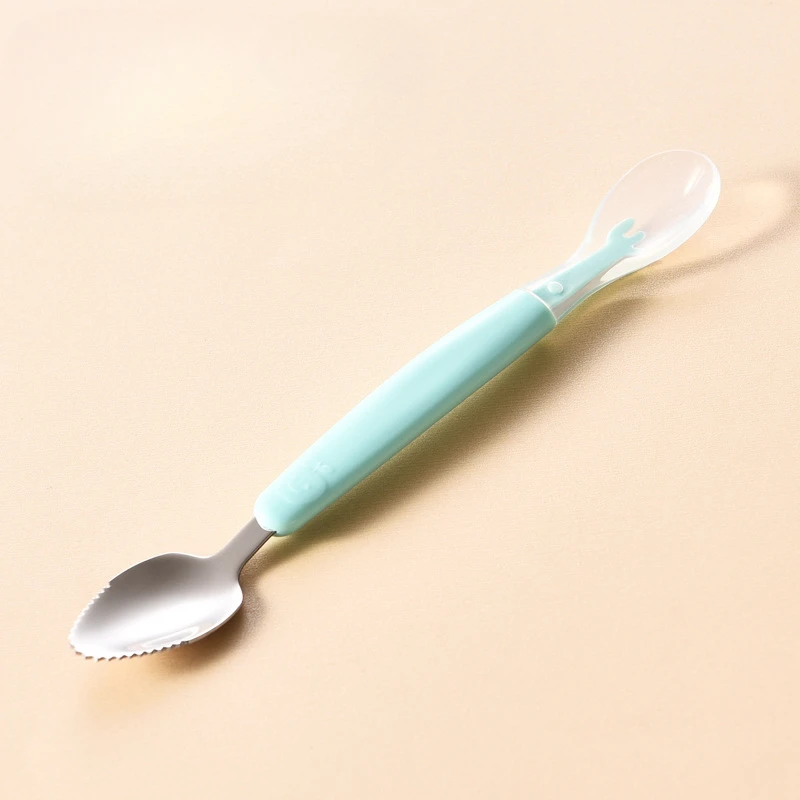 Baby Cutlery Stainless Steel Baby Cutlery Silicone Double Head Scraping Fruit Puree Spoon Complementary Food Spoon