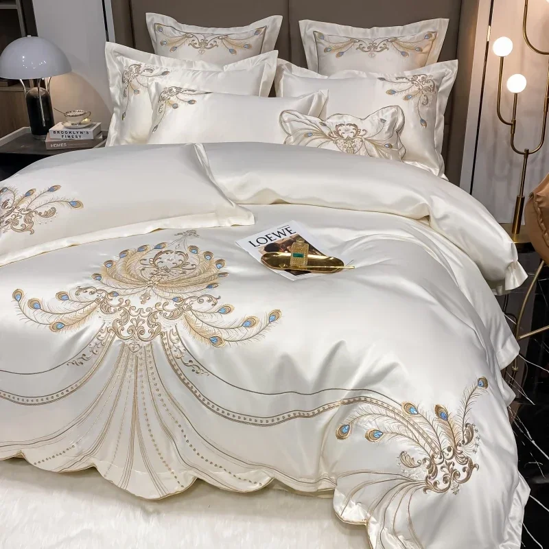 

Embroidery Egyptian Cotton Champagne/Light Yellow Patchwork Duvet Cover High End Bed Sheet Pillowcases Bedding Set Luxury Gold