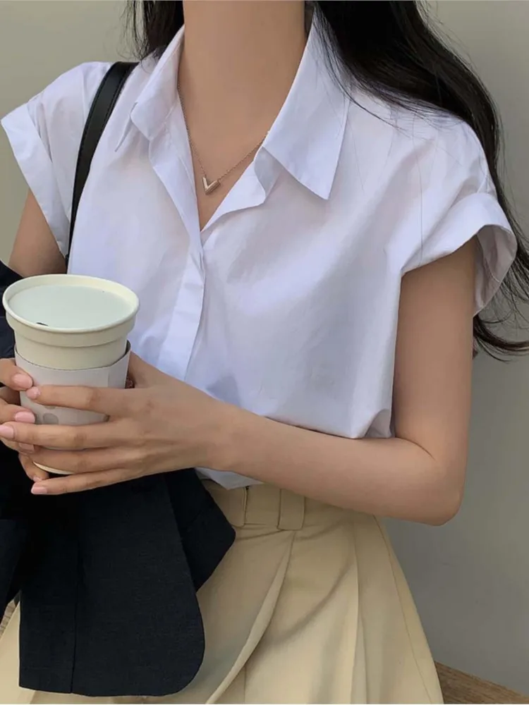 Summer Sleeveless Shirts Tops Women Casual Fashion Korean Style Loose Pleated Ladies Blouses Office Woman White Shirt Tops