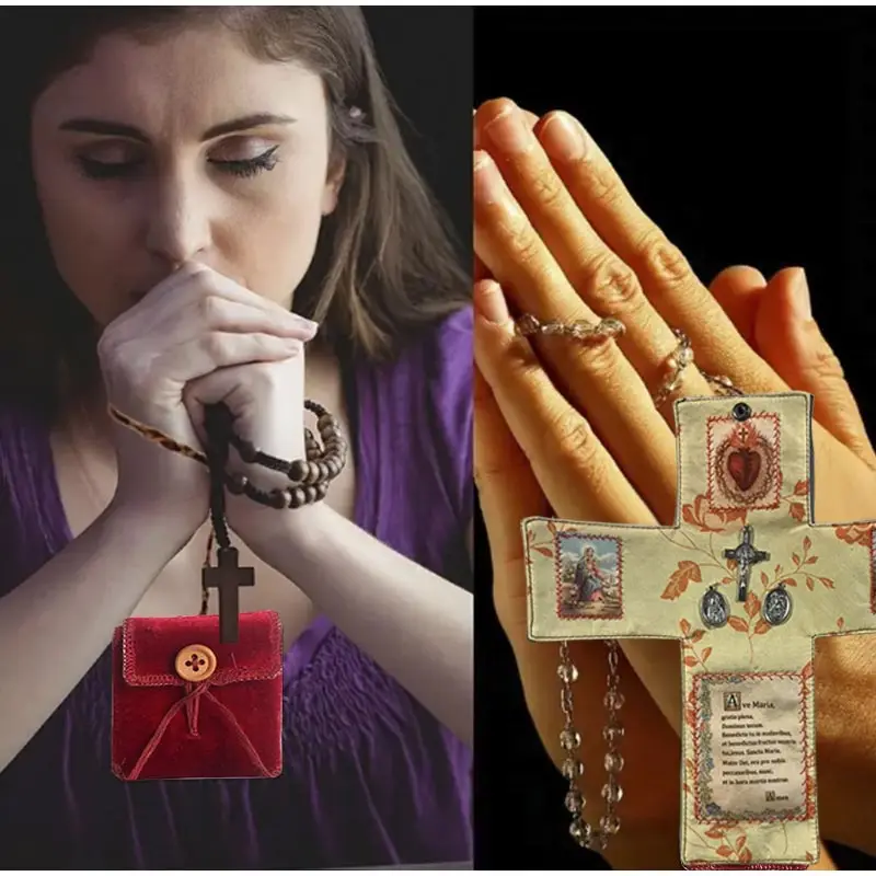 Handgefertigtes Taschenheiligtum mit Kreuz im Inneren, Glaubenskreuz-förmiger Stoffbeutel zum Nähen mit Heiligenbildern und Gebeten ﻿ – Detail 4