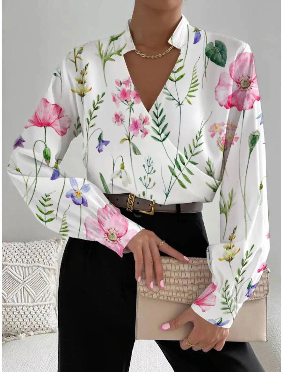 Office Elegant V-neck Print Shirt Blouse Women Fashion Long Sleeve Shirts For Women 2023 Autumn White Casual Loose Top Femme
